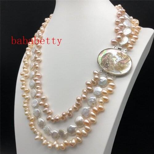 20inches New Latest Design natural freshwater white cion 11-12MM baroque pearl pink purple Queen shell claps necklace
