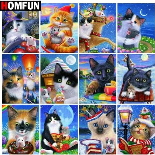HOMFUN Diamond Painting Full Square/Round Diamond "Cat animal moon" Pattern Embroidery Cross Stitch 5D Rhinestone Painting