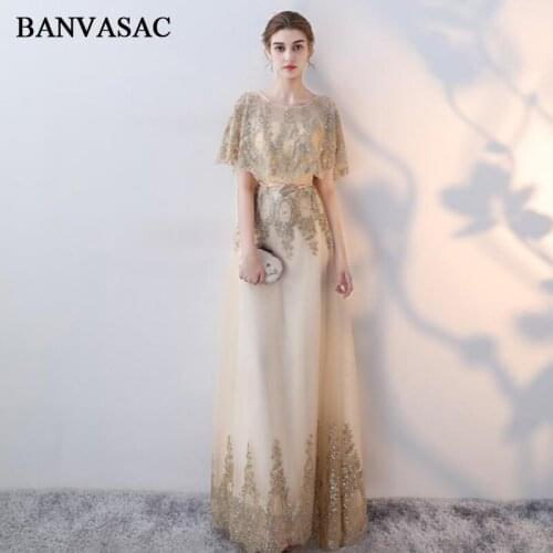 BANVASAC 2018 O Neck Sequined Leaf Sash A Line Long Evening Dresses Vintage Lace Cape Party Half Sleeve Prom Gowns