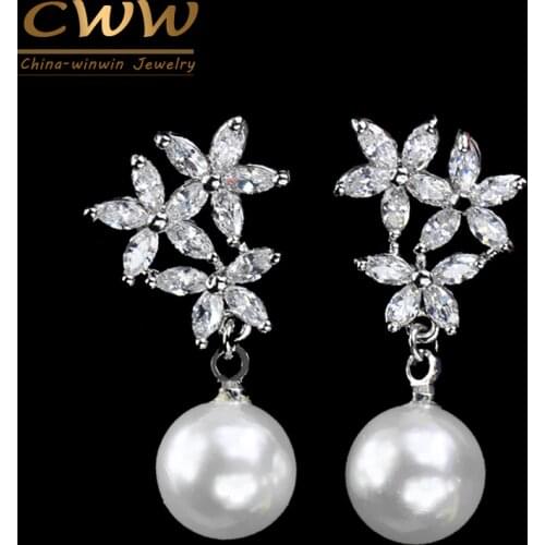 CWWZircons Fashion Silver Color CZ Crystal White Drop Simulated Pearl Earrings With Zirconia Flowers For Brides CZ098