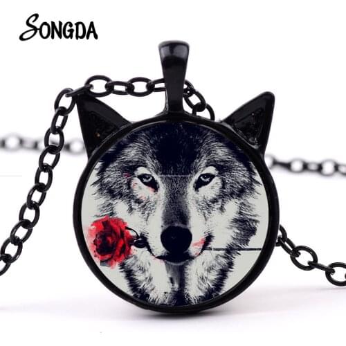 Wild Nordic Wolf With Rose Flower Necklace Black Wolf Animal Pendant Glass Cabochon Cat Ears Necklaces Charm Punk Jewelry