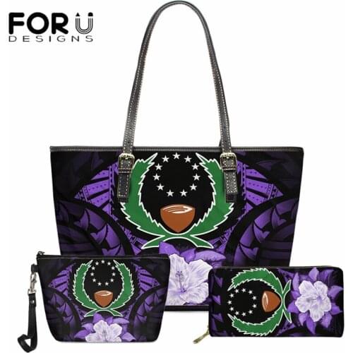 FORUDESIGNS Pohnpei Polynesian Purple Tribal 3D Print 3 in 1 Handbag for Women Luxury Designer Shoulder Tote Bag wilth Purse Set