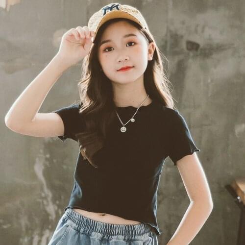 Girls High-waist T-shirt Kids Short-sleeved Navel 2021 Summer Thin Jazz Dance Top Hip-hop Childrens Shirt