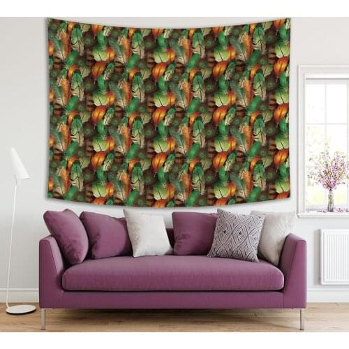 Tapestry Colorful Birds Peacock Feathers Pattern Realistic Illustration in Brown and Green Exotic Nature Theme Artwork