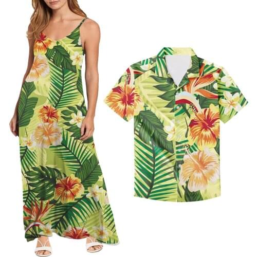Hycool Summer Casual Floral Print Sleeveless Spaghetti Strap Maxi Dress Polynesian Print Slip Beach Dress Match Men Hawaii Shirt