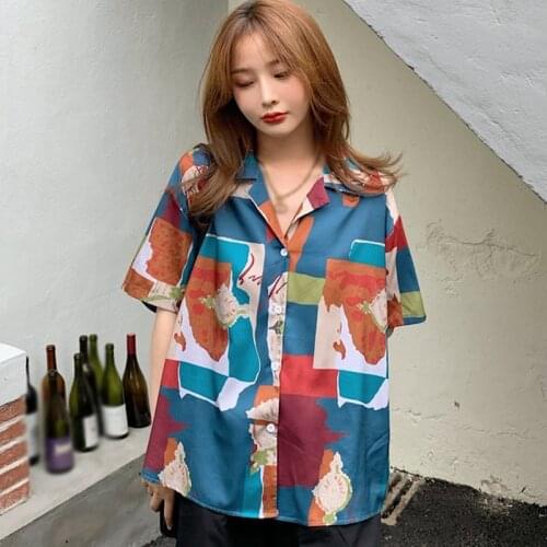 Summer Blouse for Women Ladies Girl Button Up Shirt Geometric Print Clothing Harajuku Clothes Top