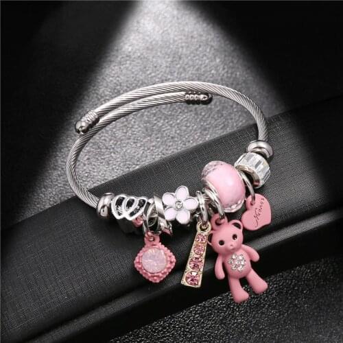 Fashion Bracelets & Bangles Stainless Steel DIY Jewelry Big Pink Bear Pendant Hearts Love Womens Bracelet Cuff Charms Pulseras