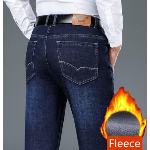 MenS Winter Warm Fleece Jeans Business High Waist Loose Straight Stretch Denim Trousers Male Classic Brand Plus Velvet Pants