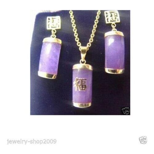 Wholesale 18KGP Fu purple Natural Stone earrings and pendant set+ chain