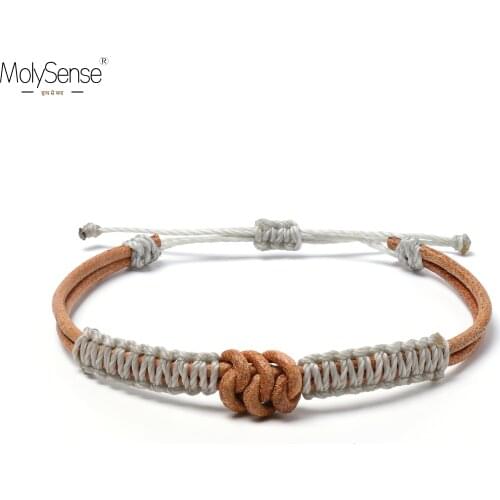 MolySense Handmade Real Leather Knot Waterproof Wax Thread Lucky Grey Rope Bracelet & Bangles Women Men Woven Macrame Bracelets