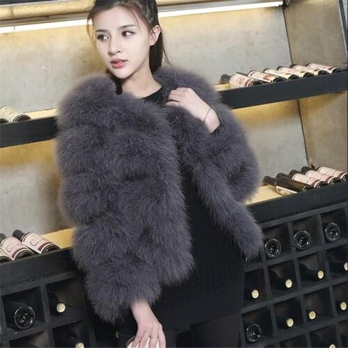 Fluffy Feather Fever Fur Jackets 100% Handmade Knitted Genuine Ostrich Fur Coat Women Retail / Wholesale Natural Fur Jacket