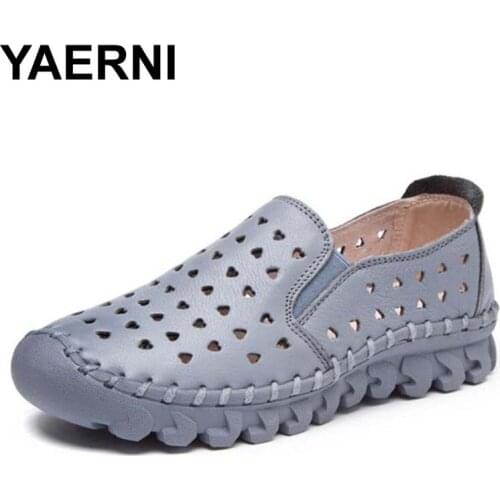 YAERNI Summer Shoes Women Leather Flat Comfort Breathable Women Moccasins Loafers Fashion Handmade Shoes Woman Air