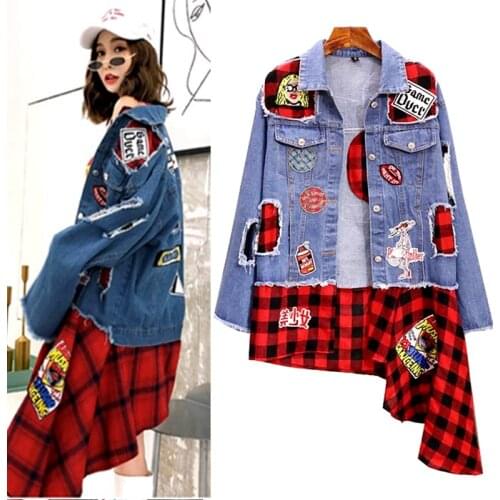 Spring Autumn Fashion Stylish Punk Style Womens Ladies Ripped Hole Cool Denim Jacket Plaid Spliced Long Coat For Woman NZ46