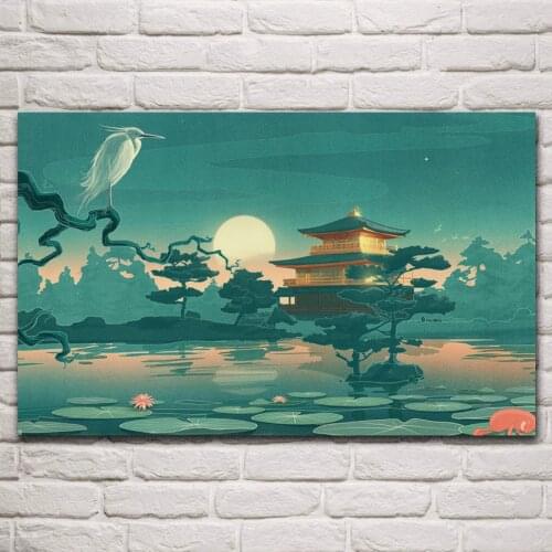 Asian oriental cultural pond garden animals birds flowers moon castle living room Home art Decor wood frame fabric Poster EX388
