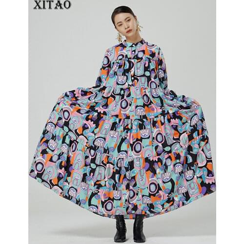 XITAO French Childlike Cake Dress Contrast Color Cartoon Pattern Print Long Sleeve Ethnic Dress Autumn New Large Size WMD2880