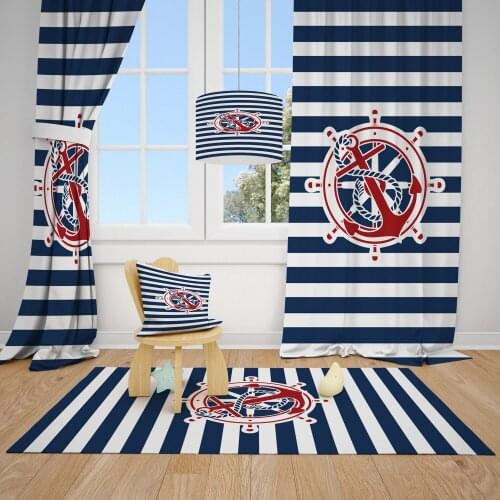 Design Navy Striped Anchor Rudder Sailor Kids Baby Room Fund Curtain 1 Wing 70X270