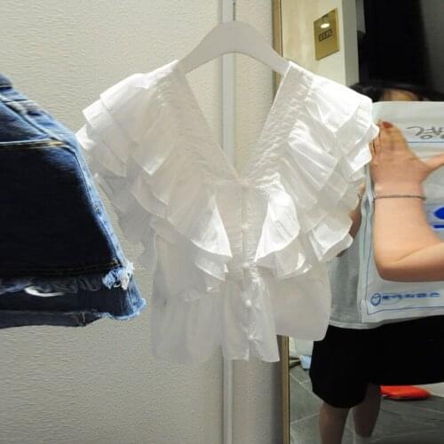 Womens V-neck Shirt Summer Wear for Women 2020 New Style Ruffles Flying Sleeve Top Girls Ladies White Shirt Blouses Blusas