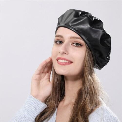 Women Faux Leather Berets Autumn Winter Warm Plus Velvet Solid Color PU Leather Felt Cap Female Boina Hats Beret Gorras