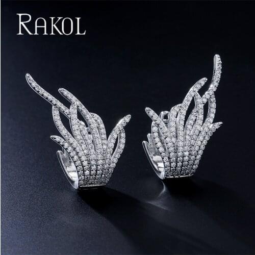 RAKOL Elegant Famous Brand Design Leaf Shape Zirconia Wedding Earring for Women Luxury Korean Stud Earrings Fashion Jewelry