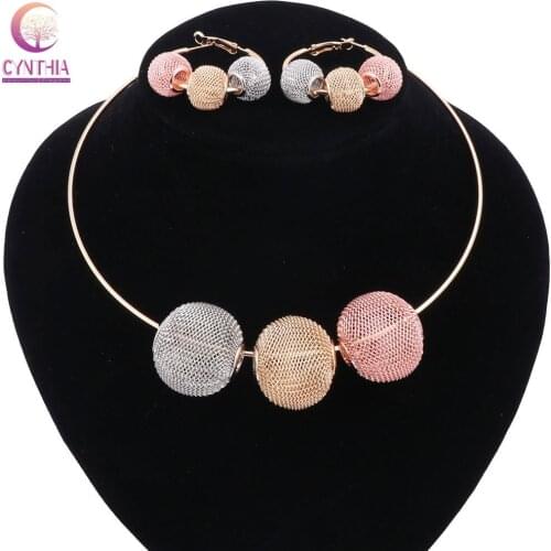 Women gold color Spherical hollow boho Red Golden Gray crystal jewelry sets with earrings statement necklace for party necklace