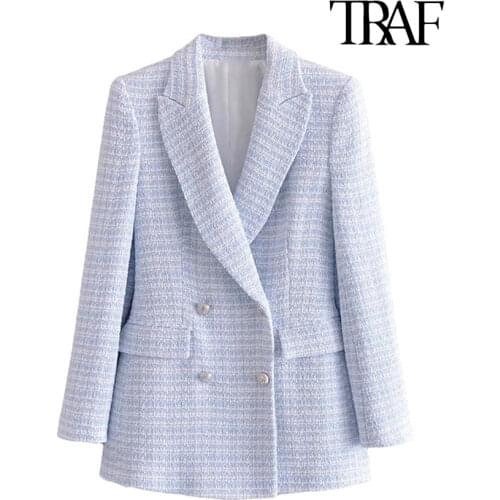 TRAF Women Fashion Double Breasted Tweed Check Blazer Coat Vintage Long Sleeve Pockets Female Outerwear Chic Veste