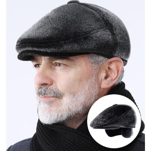 Winter Faux Fur Newsboy Hat With Earflaps Beret Dad Hat for The Elderly Peaked Cap Winter Warm Hats for Old Men Flat Cap