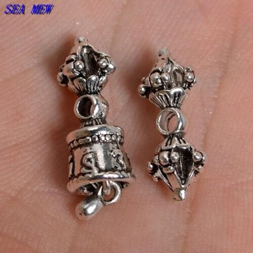 SEA MEW 8mm*19mm Tibetan Buddhist Antique Silver Color Spacer Beads Alloy Vajra Bell Charms DIY Jewelry Making 512bz