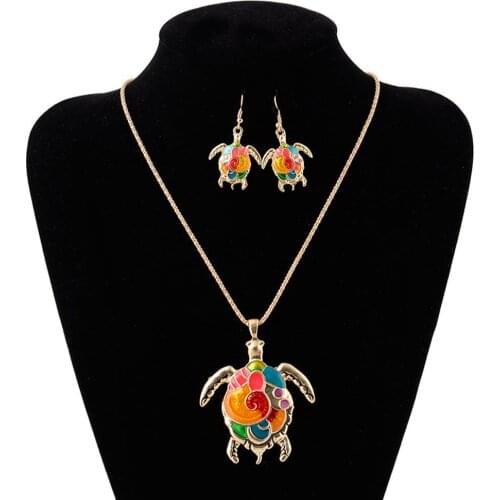 Fashion Women Enamel Turtle Pendant Chain Necklace Hook Earrings Jewelry Set 9308