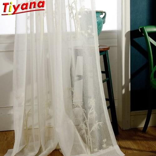 Chinese Classical Bamboo Embroidery Curtains for Living Room Plant White Tulle Window Drapes for Kitchen Balcony X-HM322#30