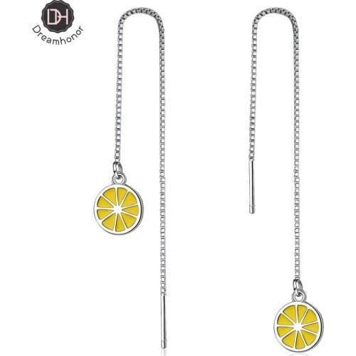 Dreamhonor Korean Temperament Yellow Lemon Earrings Fashion Women 925 Sterling Silver Ear Line Earrings Jewelry