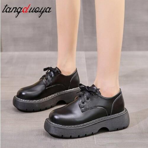 Japanned Leather Shoes Woman Lace Up Round Toe Derby Shoes Platform Vintage Shoes Women Chunky Sneakers women black white