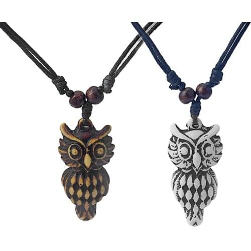 1pcs Faux Yak Bone Resin White/Brown Owl Charm Pendant Necklace Wax Cotton Cord Adjustable Necklace