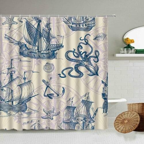 Retro Nautical Shower Curtain Compass Sailing Mermaid Hand Painted Art Bathroom Accessories With Hook Hanging Waterproof Screen