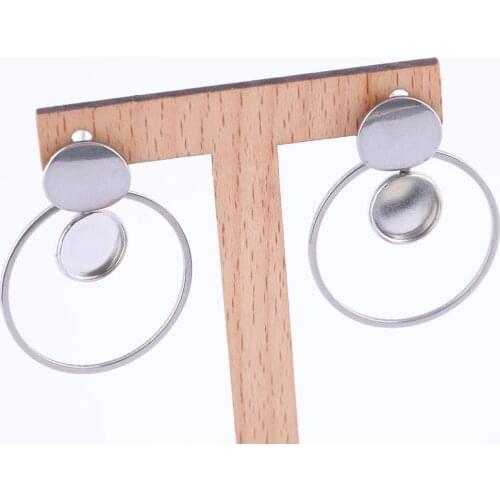 3pairs Stainless Steel Stud Post Earrings Findings 10mm Dia Cabochon Earring Base Setting Blank Trays With Circle Hoop Charms