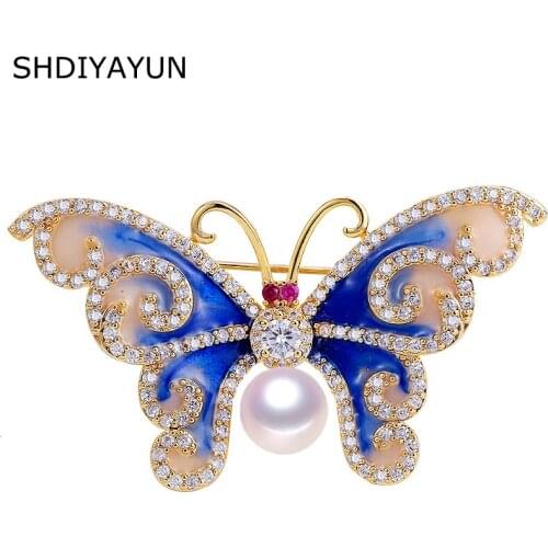SHDIYAYUN 2019 Pearl Brooch For Women Vintage Enamel Butterfly Brooches Pins Natural Freshwater Pearl Fine Jewelry Accessories