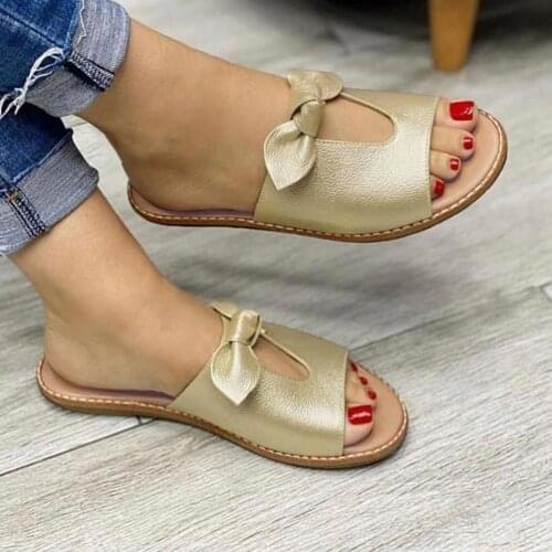 Summer Slippers Womens Bowknot Sandals Ladies Flat Bowknot Hollow Peep Toe Slip On Slippers Beach Shoes Sandalias Mujer 2021