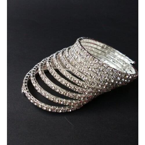 10 Rows Rhinestone Spiral Bangle Bracelet Silver Plated and Gold Color Bridal Wedding Jewelry Bracelets for Women