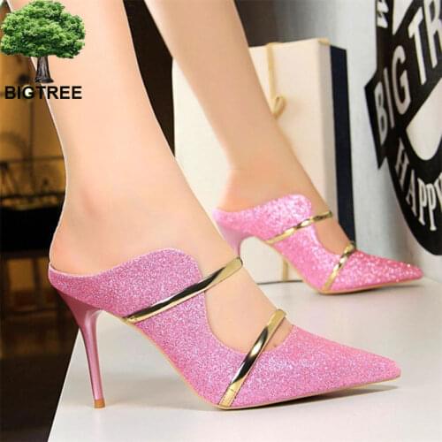 BIGTREE Gold Double Word Band Outdoor Slippers Womens Sequined Cloth Pointed Toe Shallow High Heels Shoes Women Show Thin