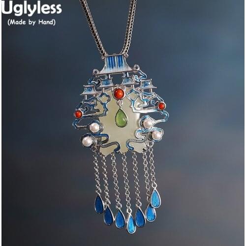 Uglyless Palace in Sky Creative Ethnic Pendants Women Eastern Beauty Necklaces NO Chain Jade Exaggerated Jewelry Sets 925 Silver