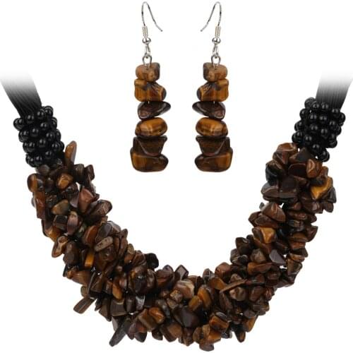 YACQ Tiger Eye Charm Choker Collar Necklace 7 Layer 925 Sterling Silver Dangle Earrings Set Jewelry gift For Women Teen Girl 20"