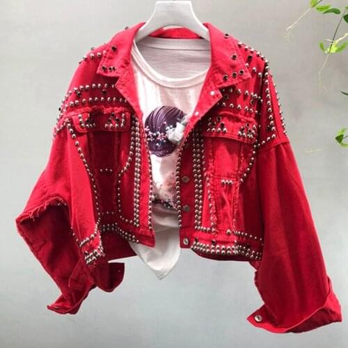 High quality 100% 2020 Autumn Women Casual Basic Jackets Plus Size Rivet Student Red Denim Jean Jackets Long Sleeved Outerwear