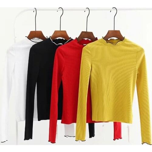 Women Lettuce Edge Stand Collar Rib Knit Crop Top With Split Long Sleeve Tee T-shirt Woman Sexy slim short T shirt Top