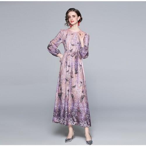 Spring Runway Lavender Long Dress Womens Puff Sleeve Elegant Belt lace-up Charming Floral Maxi Dress K1873