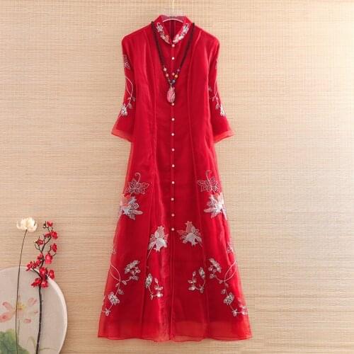 Hi-end Autumn Women Organza Cheongsam Dress Embroidery Slim Elegant Lady Chinese Style A-line Party Qiapo Dress S-XXL