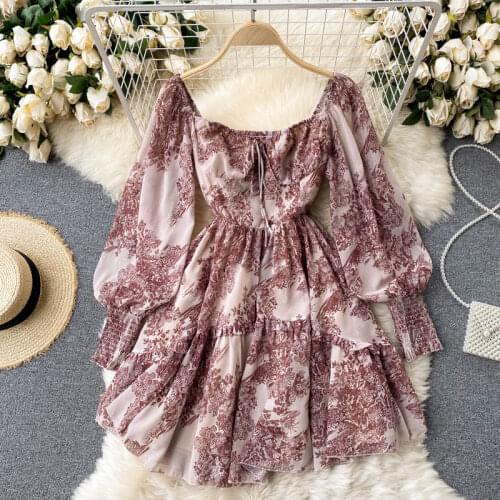 2021 New Spring Summer Women Dress Long Sleeve Lace-up Print Mini Dress Slim A-line Casual Female Vintage Boho Beach Dress Robe