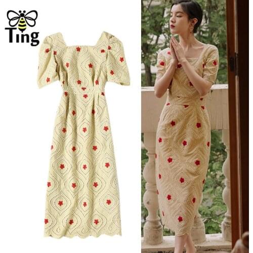 Tingfly Vintage Elegant Square Collar Retro Embroidery Straight Dress Women Lady Mori Vestidos Elbise France Frockes Streetwear