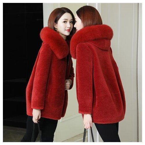 Women 2021 Winter Real Wool Fur Coat Jacket with Natural Fox Fur Collar Hood Female Warm Coats Lady Sheep Shearling Outwear A265