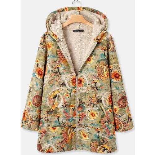 Women Coat Winter Warm Plush Floral Printed Zipper Hooded Pockets Vintage Oversize Female Coats Casual Plus Size Coat Outwear