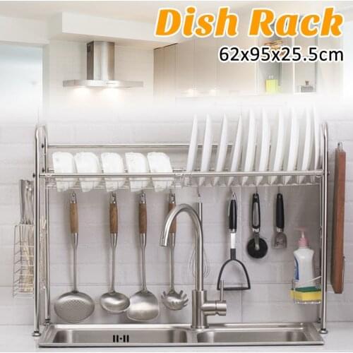 2 Tiers 95x25.5x62cm Steel Kitchen Shelf Organizer Dishes Drying Rack Over Sink Drain Rack Kitchen Storage Utensils Holder