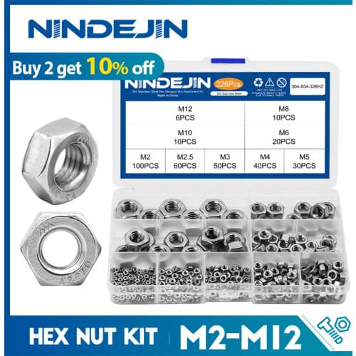NINDEJIN 326pcs Hex Hexagon Nuts Assortment Kit M2 M2.5 M3 M4 M5 M6 M8 M10 M12 Stainless Steel Metric Hex Nuts Set DIN934